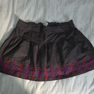 American Eagle Outfitters Dark Brown Mini Skirt with Pink & Red Embroidery